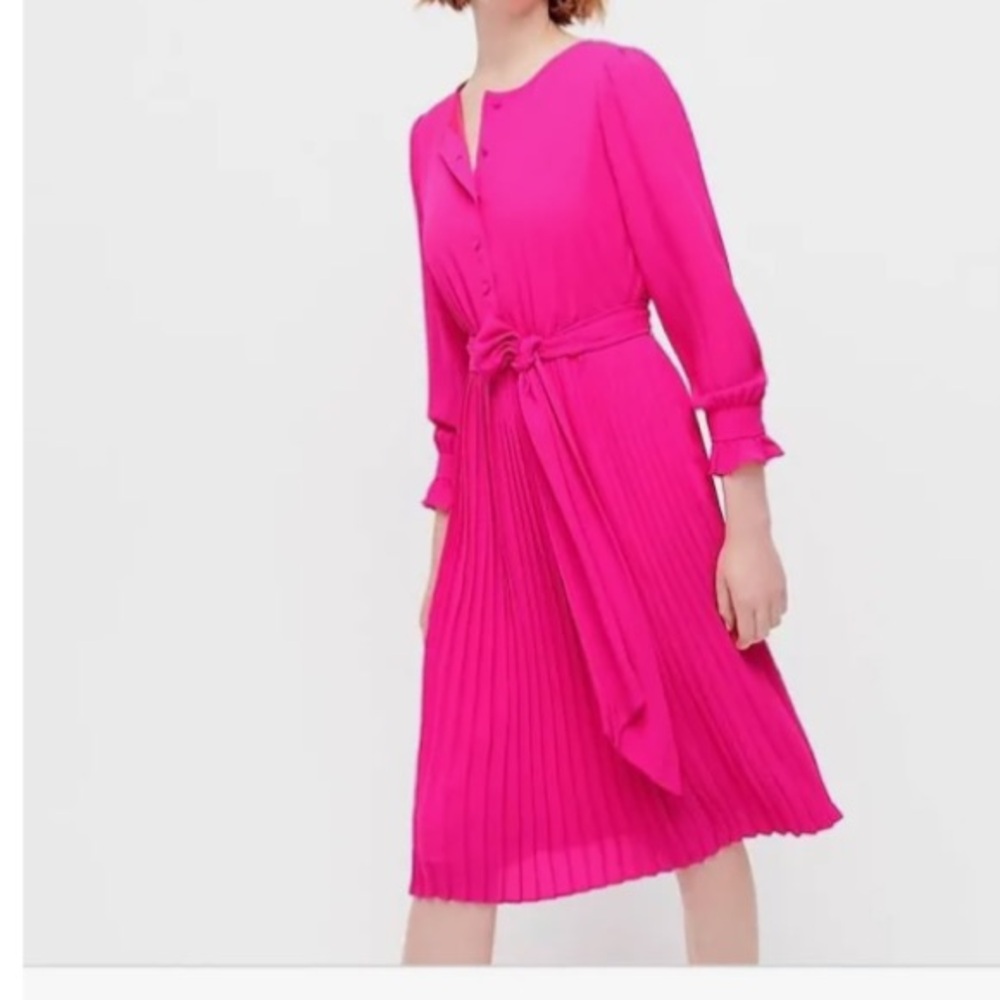 J CREW hot pink long sleeve Pleated Dress